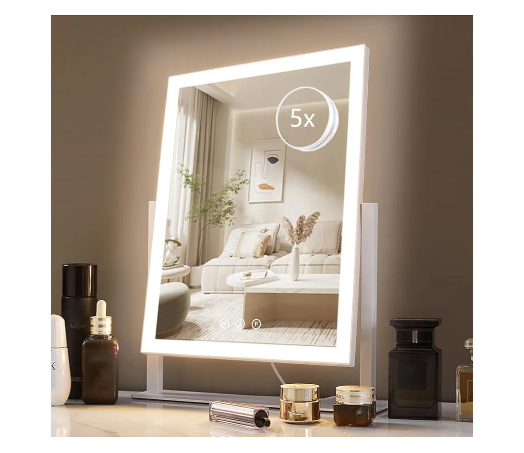 HIEEY Lighted Makeup Mirror, Hollywood Vanity Mirror with Lights, Three Color Lighting Modes, and 5X Magnification Mirror, Smart Touch Control, 360°Rotation (17.3in,White,Gift Box)
