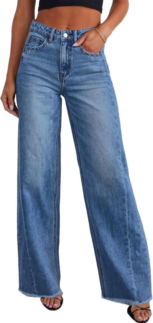 Sidefeel Women's Wide Leg Jeans High Waisted Stretchy Raw Hem Zimbaplatinum Denim Pants (14, Blue)