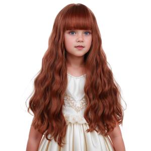 Girls Dark Orange Wig Kids Long Dark Orange Wig with Flat Bangs for Girls Child Wavy Curly Wigs Heat Resistant Synthetic Wigs with Cap