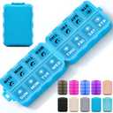 Foldable Weekly Pill Organizer 2 Times a Day with 2 Extra Compartments (Clear Printed Labels) - Portable 7 Day AM PM Medicine Box, Week Daily Travel Pill Case Holder for Vitamin, Supplement - Blue