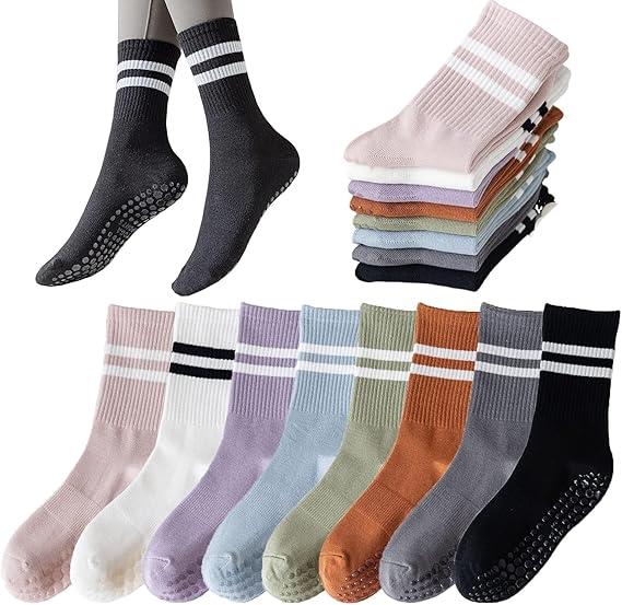 Tergy 8 Pairs Long Yoga Socks with Grip for Women Anti Skid Gripper Socks No Slip Socks for Pilates, Barre, Dance,Yoga