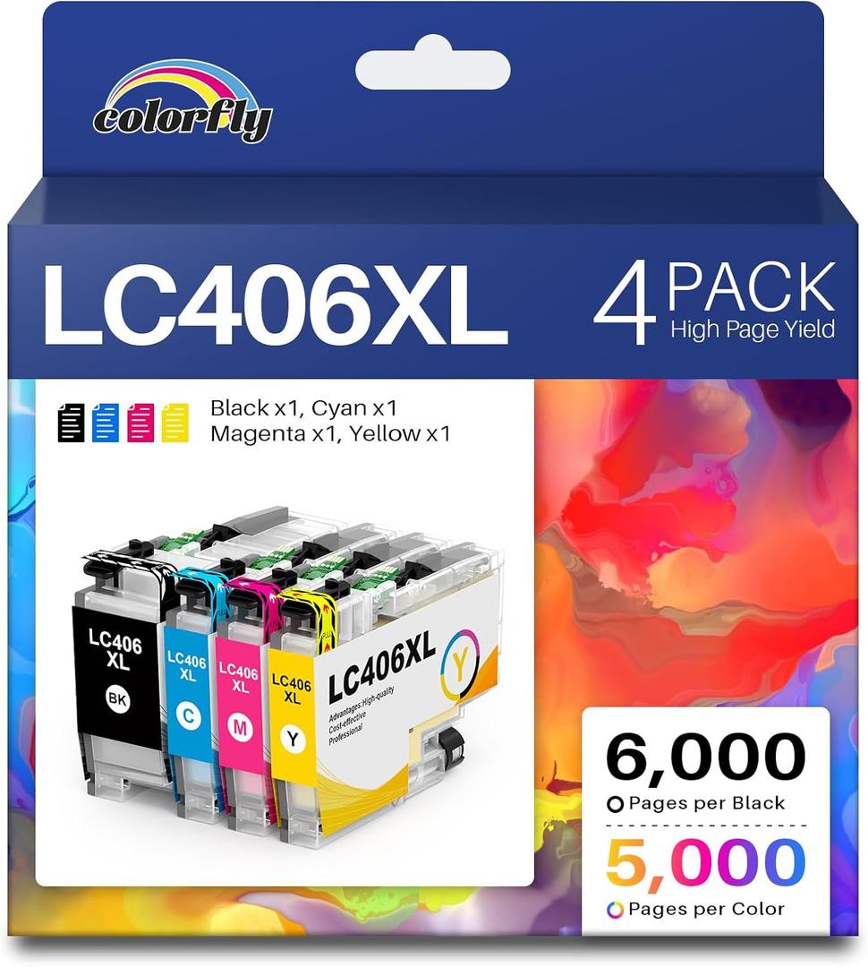LC406XL High Yield Ink Cartridges for Brother Printer LC406 Ink Cartridges LC406XL LC 406-XL use with Brother MFC-J4335DW MFC-J5855DW MFC-J5855DW MFC-J6955DW Printer (4 Pack BK/C/M/Y)