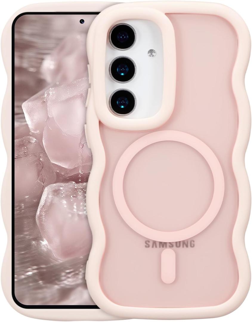 RALEAVO for Samsung Galaxy S24/S25 Case Magnetic Cover Compatible with Magsafe,Cute Wavy Frame Cover for Women,Shockproof Protective Case for S24/S25 with Translucent Hard Back,Pink