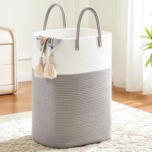Laundry Basket, Woven Cotton Rope Laundry Hamper, Versatile Storage for Dirty Clothes, Baby Toys, and Blankets in Bathroom, Nursery, and Living Room (Grey, 60L)