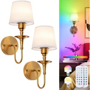 EIDISUNY Vintage Wall Sconces Set of 2, Wireless Wall Lamp with RGB Rechargeable Dimmable Bulbs, Brass-Color Battery Operated Wall Sconce with Remote for Bedroom, Living Room, Hallway Bulbs Included