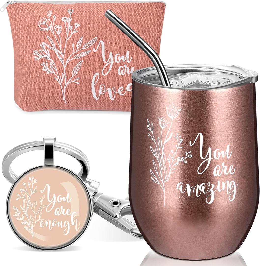 Tessco for you 3 Pcs Employee Appreciation Gifts for Women Inspirational 12 oz Tumbler Enough Keychain Makeup Bag Thank You Gift for Nurse Teacher(Pink,Boho)