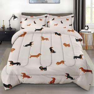 Comforter Set with Pillowcase Twin Size, Cute Happy Dachshund Dog Puppy, Bedding Decor Cartoon Animal Pug Geometric Brown for Kids and Adults, Soft Cozy Bedroom Bed Set