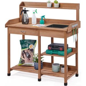 Yaheetech Potting Bench Outdoor Garden Work Bench Station Planting Solid Wood Construction for Horticulture w/Sink Drawer Rack Shelves Brown (115L  45W  121H")