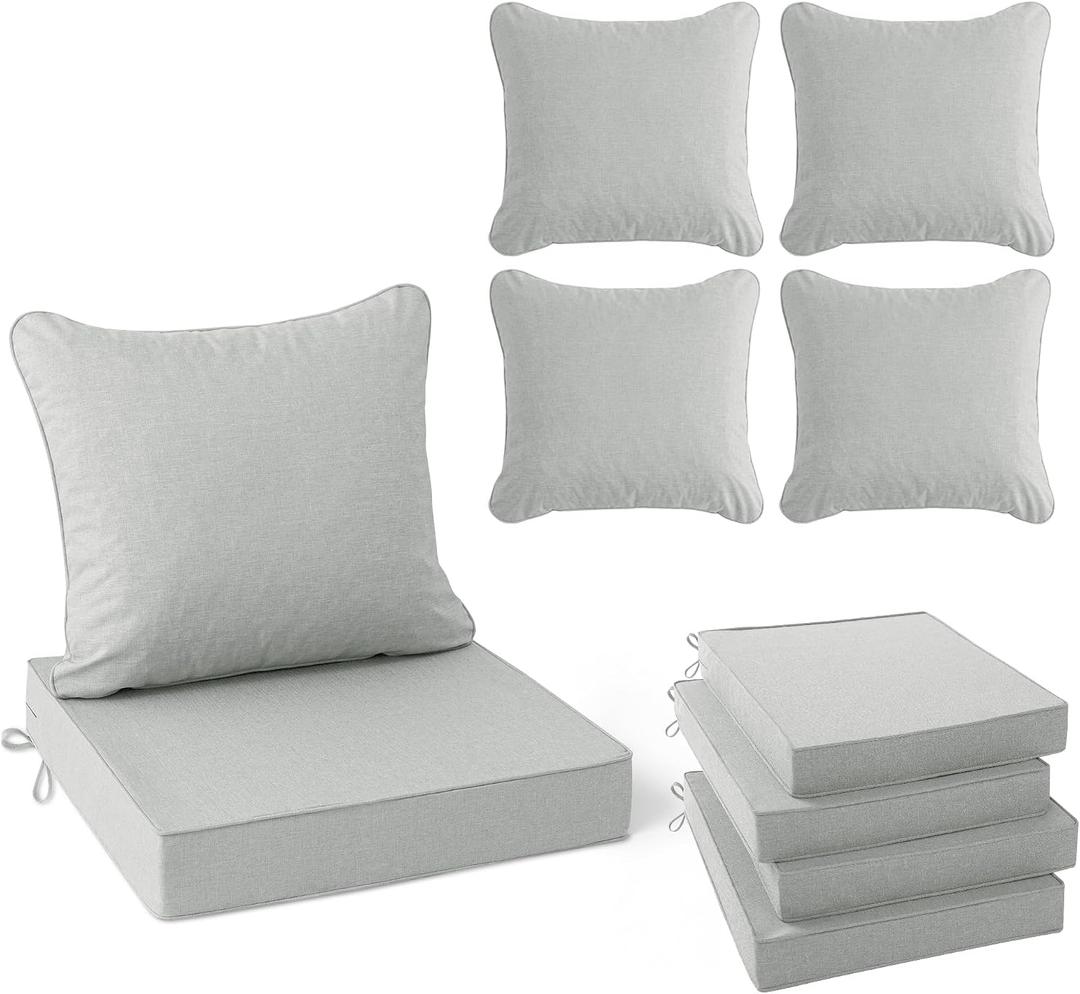 Summsun Patio Cushions for Outdoor Furniture, Faux Linen Water Resistant Backrest and Deep Seat Cushion Set with Non-Slip Bottom, Ties, Removable Cover, 22 x 22 Inch, Light Grey, Set of 4