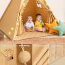 Teepee Tent for Kids with Mat, Cotton Canvas Kids Teepee with Pompom for Toddlers Indoor Play Tent for Girls Boys with Stars Lights, Carry Bag, Banner Flag (Khaki)