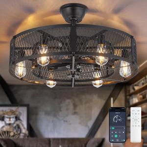 Depuley Outdoor Ceiling Fan with Light: 26" Caged Ceiling Fans with Remote App Control for Patio Kitchen Bedroom - Farmhouse Fandelier Flush Mount Lights Fixture Reversible 6 Speed Timer Black