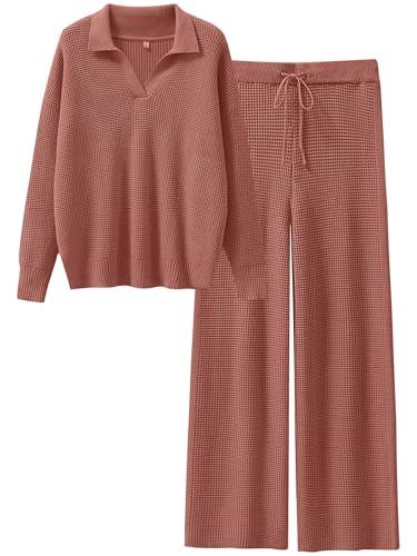 ANRABESS Women Two Piece Outfits Sweater Sets Lounge Waffle Knit Pullover Matching Wide Leg Pants Tracksuit 2025 Fall Fashion Medium