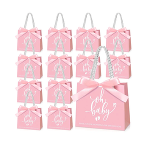 Spakon 25 Packs Baby Shower Favors for Guests Oh Baby Gifts Bag with Handles Paper Goodie Gift Bags with Ribbon for Newborn Gender Reveal Favors(Pink)