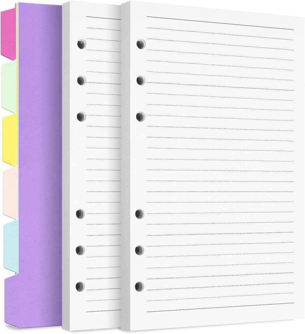 A5 Refill Paper Planner Inserts, 6-Hole Loose Leaf Paper, College Ruled Loose Leaf with Binder Dividers, Punched Notebook Refills for 6-Ring Refillable Binder, 240 Pages, White