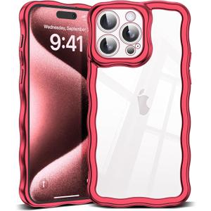 SKYLMW Compatible with iPhone 15 Pro Max Case, Kawaii Cute Curly Wave Frame Luxury Plating Edge, Stylish Glossy Clear Back, Soft TPU Shockproof Protective Cases for iPhone 15 Pro Max, Red