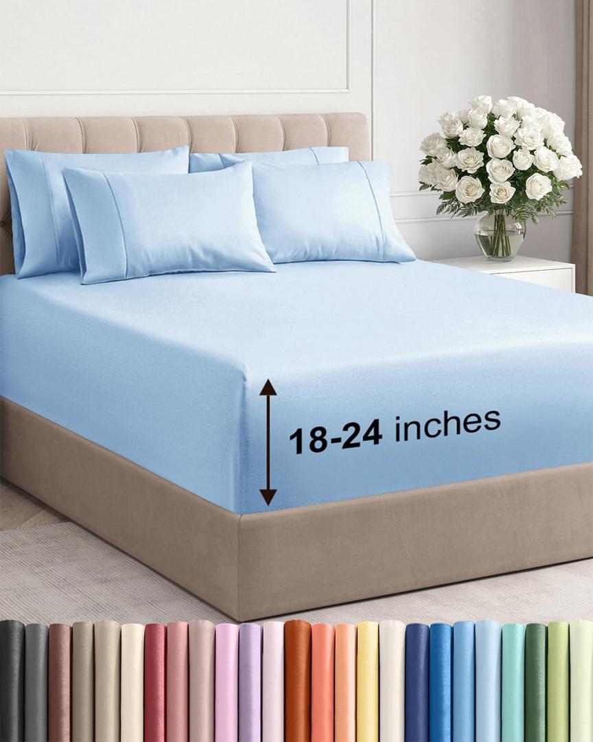 Extra Deep Queen Sheet Set - 6 Piece Breathable and Cooling Sheets - Hotel Luxury Bedding for Women, Men, Kids & Teens - Easy Secure Fit - Soft, Wrinkle Free & Comfy - Extra Deep Pockets - Light Blue