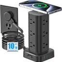 Tower Power Strip with 15W Wireless Charger, 10FT Flat Plug Extension Cord with Multiple Outlets, 12 AC Outlets, 4 USB Ports (2 USB C) Charging Station Surge Protector for Office Home Dorm Room(Black)