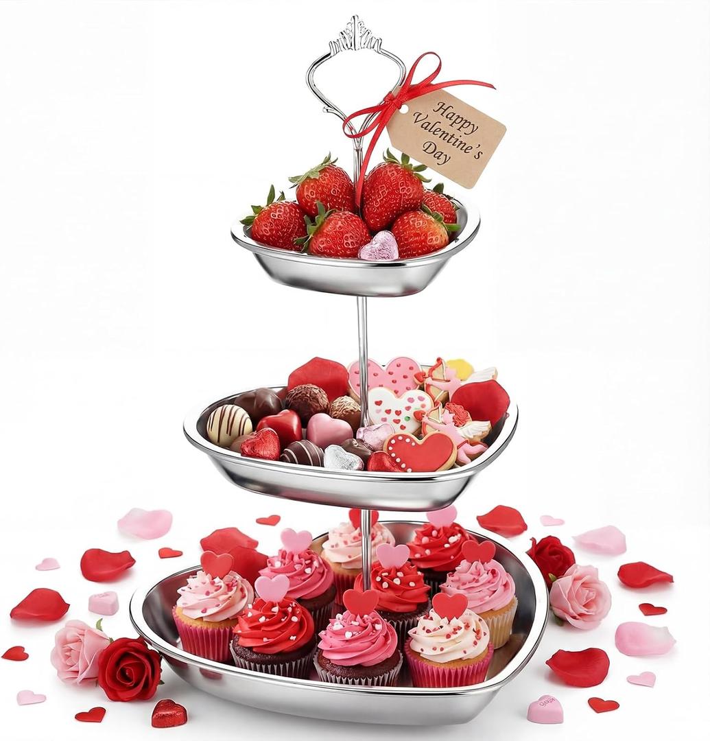 Willinglong 3 Tier Heart Silver Cake Stand Stainless Steel 3 Layer Dessert Stand Cupcake Display Rack Tower Removable Tiered Tray for Valentines Party Birthday Wedding Table Decorations