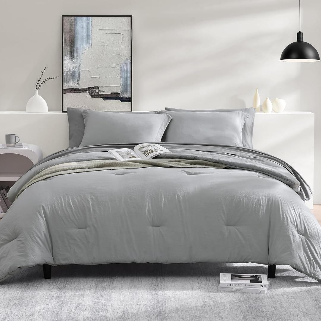 WRENSONGE Light Grey King Comforter Set, 7 Pieces Soft Microfiber King Size Comforter with Fitted Sheet, Flat Sheet, 2 Pillow Shams, and 2 Pillowcases- Warm King Bedding Set for All Season