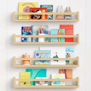Forbena Natural Wood Nursery Bookshelves for Wall, 24 Inches Long Floating Book Shelves, Wall Mounted Bookcase for Teen Girl Boy Kids Room Bedroom, Playroom Organizer, Bathroom Decor (4-Pack) (23.6 Inch, Natural Wood)