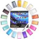 Metallic Watercolor Paint, 18 Pigment Rich Colors + 2 Waterbrushes, XL Pans, Starry Series Water Color for Professionals Artists & Crafters