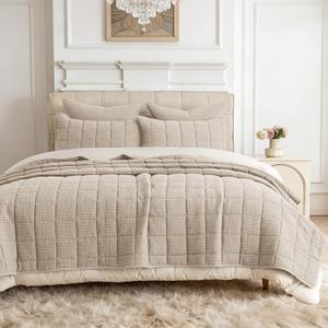 120x128 Cotton Quilt Bedding Set Oversized King Size Quilted Bedspread Sets with 2 Shams,3 Pieces Lightweight Soft Bedding Sets for All Season,Khaki
