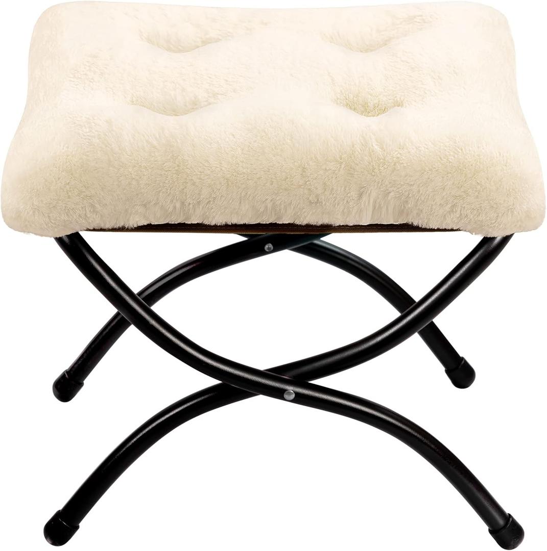 HollyHOME 15"(H) Folding Footrest Stool, Upholstered Small Foldable Ottoman, Accent Padded Sofa Foot Stool for Lazy Chair, Metal Frame Portable Foot Rest Ottoman for Home, Living Room, Bedroom, Beige (Faux-fur Beige)