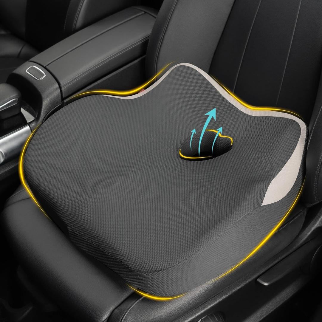 Car Seat Cushion: Ergonomic Memory Foam Car Cushion for Sciatica Pain Relief, Larger Driving Seat Pillow for Short Drivers on Long Drives - Butt Pillow for Truck, Office, Wheelchair - Gray