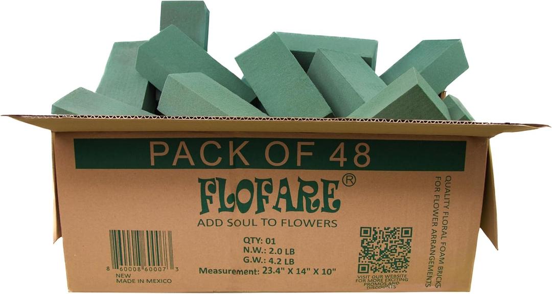 FLOFARE Pack of 48 Floral Foam Blocks for Fresh and Artificial Flowers, Each (7.8 L x 3.5 W x 2.4 H), Dry and Wet Floral Foam Blocks for Wedding, Birthdays, Home, Office, and Garden Decorations