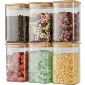 D2scrma 37oz Airtight Glass Square Storage Canisters with Bamboo Lid Set of 6 (1100ml) Stackable Containers, Kitchen Jars for Pantry Noodles, Flour and Coffee beans (with Black Lable)