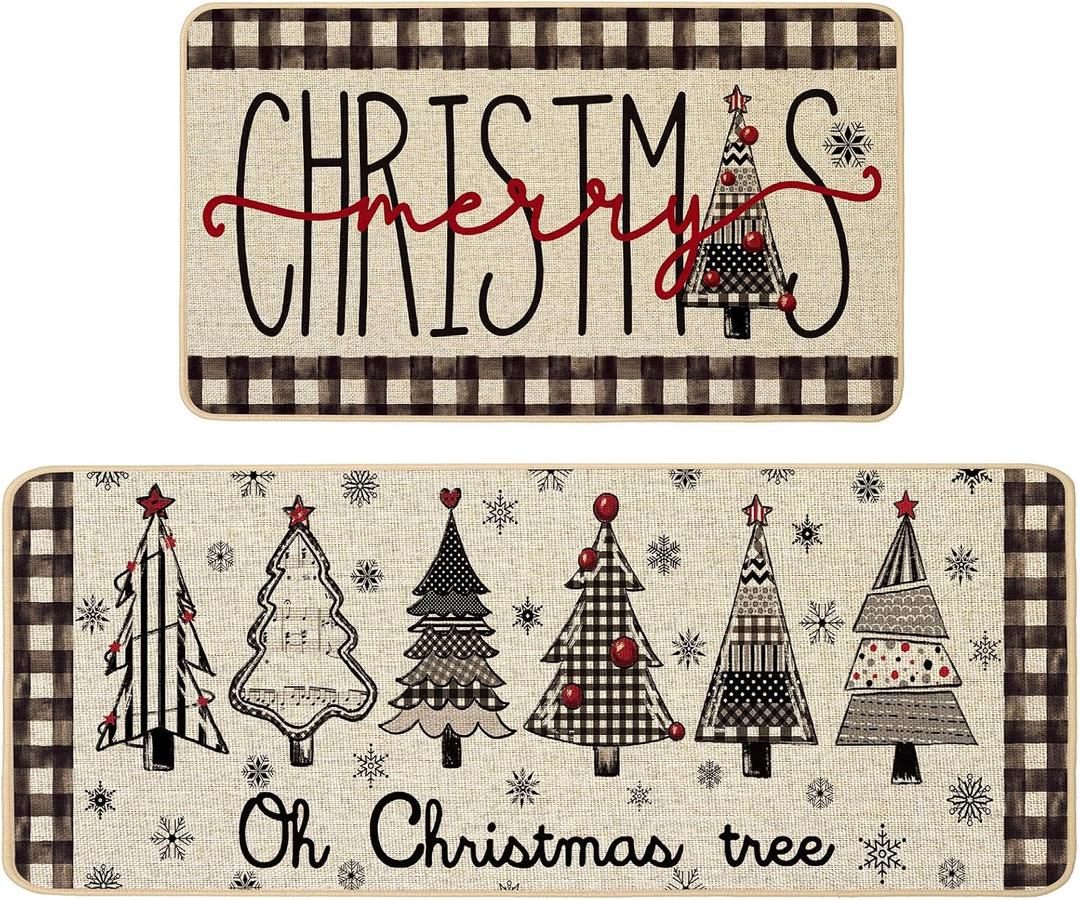 Baccessor Christmas Kitchen Rugs Set of 2, Xmas Trees Joy Snowflakes Kitchen Mats for Floor Non Slip Winter Holiday Farmhouse Christmas Decoration 17x29 and 17x47 Inch
