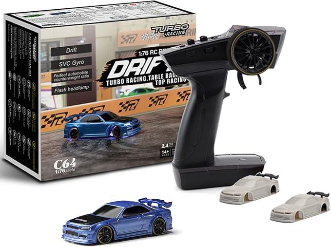 FLYCOLOR Turbo Racing 1:76 Scale Drift RC Car with Gyro Mini Full Proportional RTR 2.4GHZ Remote Control with 2 Replaceable Body Shell (C64BLUE)