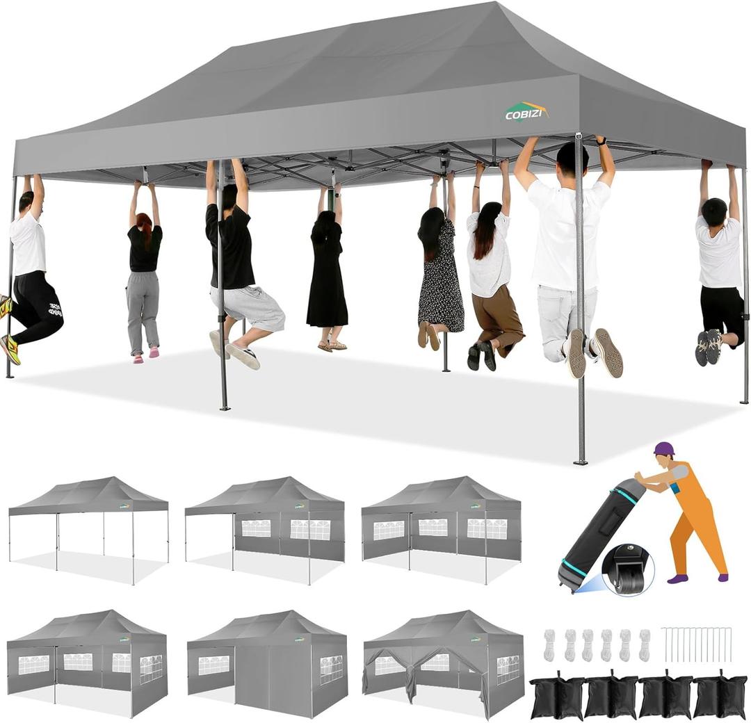 COBIZI 10x20 Heavy Duty Pop up Canopy Tent with 6 sidewalls Easy Up Commercial Outdoor Canopy Wedding Party Tents for Parties All Season Wind & Waterproof Gazebo with Roller Bag,Grey(Frame Thickened) (Gray)