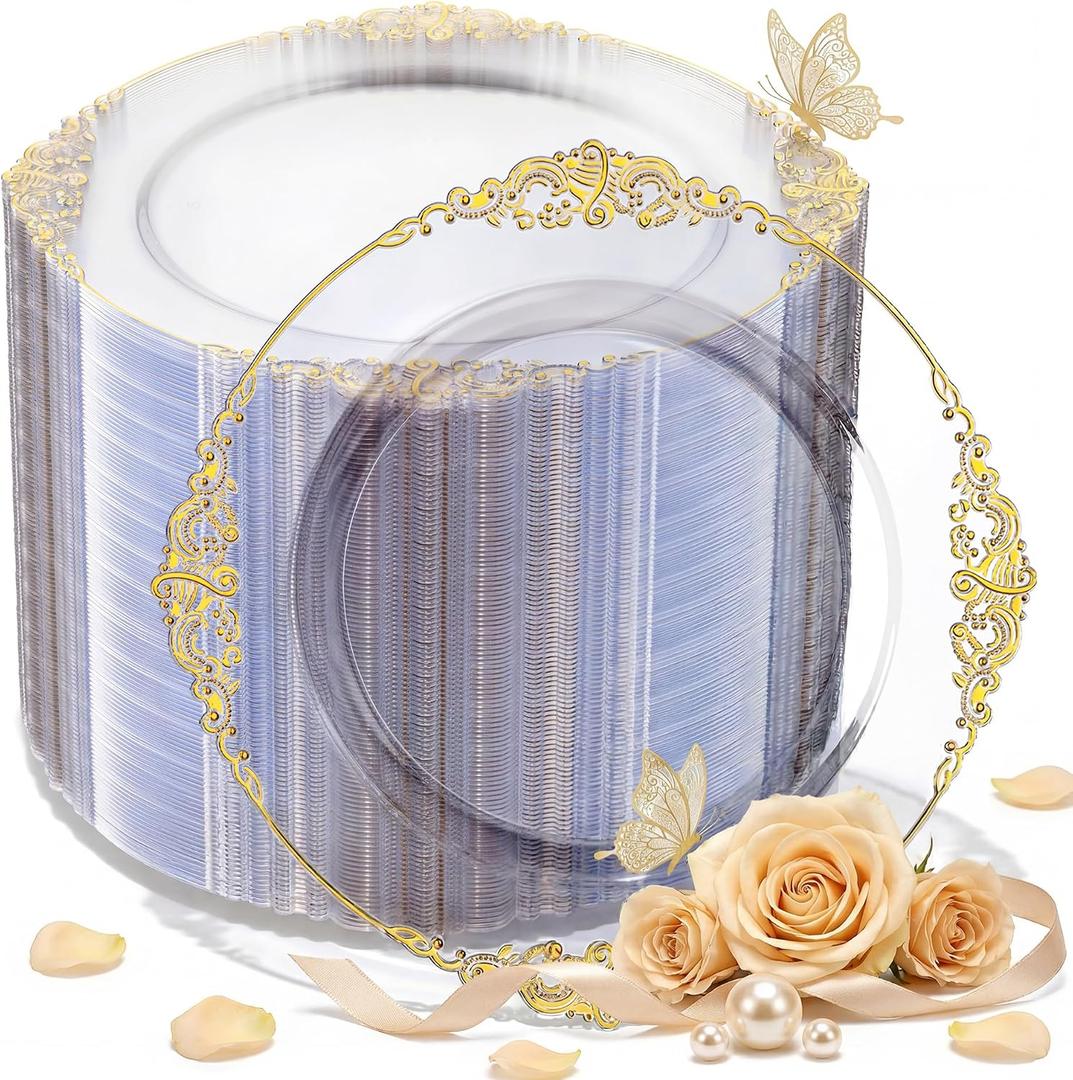 Morejoy 100 Pieces Gold Plastic Plates - Clear Gold Disposable Plates - 10.25inch Clear Plastic Dinner Plates With Gold Rim for Weddings & Parties & Shower