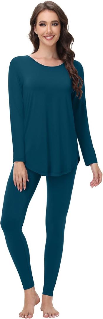 WiWi Women's Pajamas Set Super Soft Lounge Set Viscose from Bamboo Sleepwear Cooling Long Sleeve Top Leggings Pjs S-XXL (Peacock Blue)