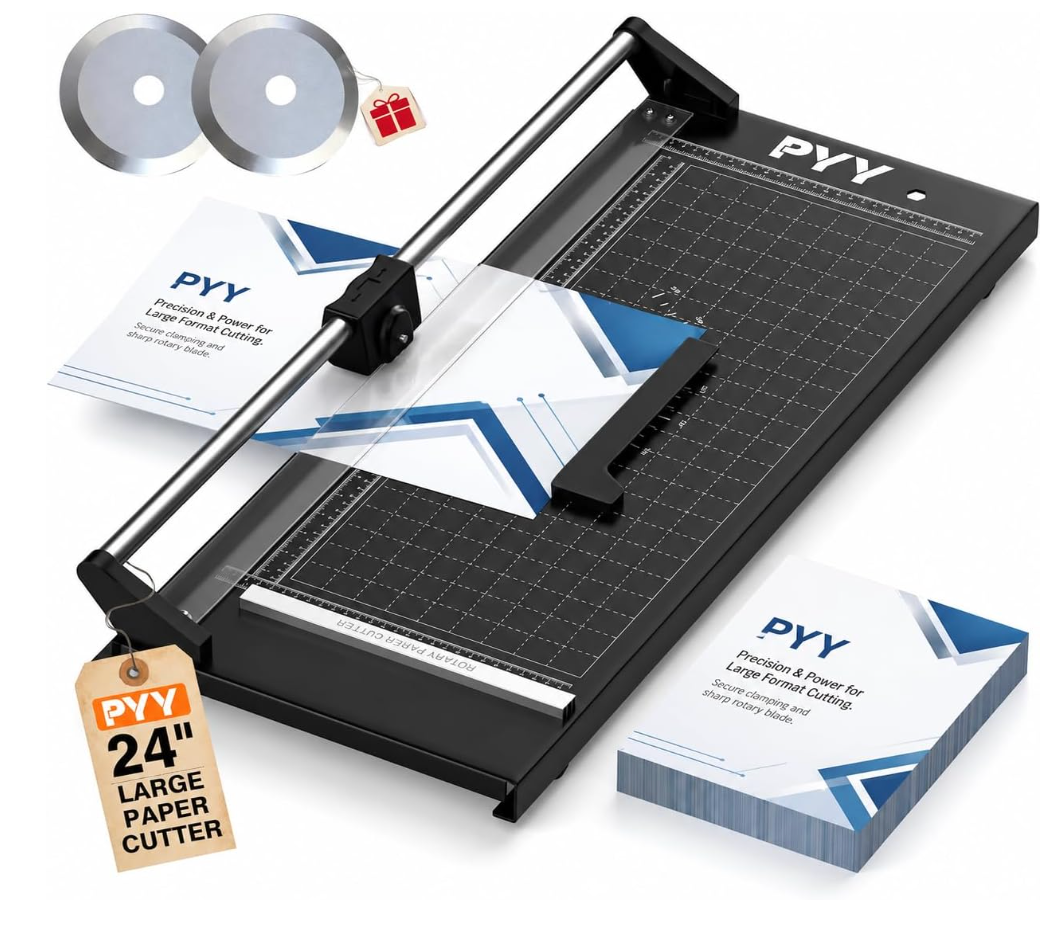 PYY Rotary Paper Cutter - Large Paper Cutter, 24 Inch Heavy Duty Trimmer with Self-Sharpening Blade & Measurement Grid for Cardstock, Posters, Photos - Studio & Office Use