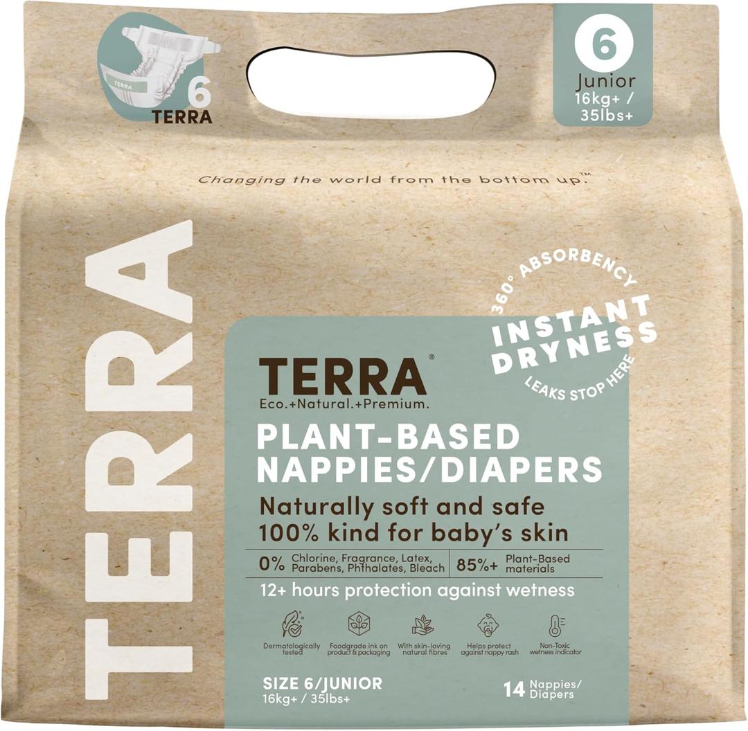 erra Size 6 Diapers: 85% Plant-Based Diapers, Ultra-Soft & Chemical-Free for Sensitive Skin, Superior Absorbency for Day or Nighttime Diapers, Designed for Toddlers 35+ Pounds, 14 Count
