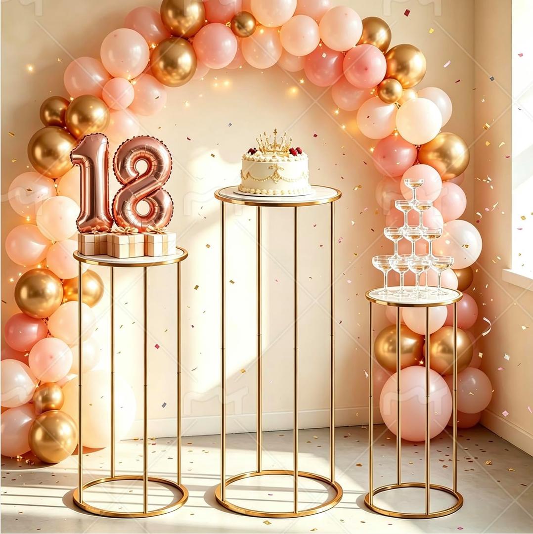 3 PCS Cylinder Pedestal Golden Metal Cake Stand for party, Acrylic Round Platforms, Pedestal stand Height (39.4", 31.5", 23.6"),Dessert Display Stand for Party, Weddings, Birthdays, Baby Showers