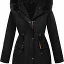 Women's Winter Warm Parka Jacket Fleece Lined Drawstring Thicken Coat Windproof Hooded Sherpa Outerwear (X-Large, Black)