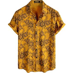 JOTOOK Mens Hawaiian Shirt Short Sleeve Button Down Tropical Shirts Casual Floral Summer Beach Shirt (Yellow, XXL)