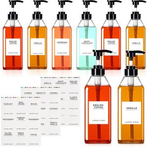 Nuogo 6 Pcs Coffee Syrup Dispenser Bottles Set 750ml, 500ml, 300ml, 150ml PET Black Syrup Bottles with Pump Dispenser 27 Labels for Coffee Bar Kitchen Accessories Portable Travel(16.9 oz,Square)