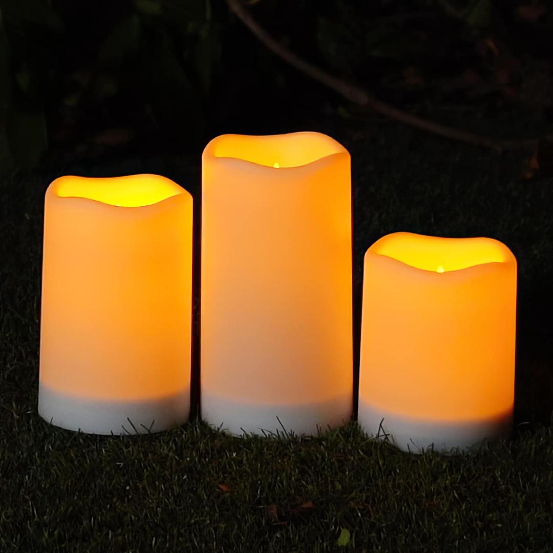 Homemory Solar Powered Candles Outdoor Waterproof, Flickering Glow, Rechargeable Candles, Solar Powered Candles for Outside, Lanterns, Sensor Only, Dusk to Dawn, Set of 3 (D3"xH4"5"6")
