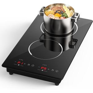 GIHETKUT Double Induction Cooktop,110V 2 Burner Induction Cooktop,2300W Electric Stove Top with Independent Control, Ultrathin Body, 9 Temperature, Multiple Power Levels, 2 Hour Timer, Safety Lock