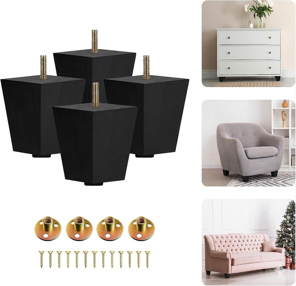 Yes4All 3 Inches Square Black Solid Wood Furniture Legs Set of 4, Heavy Duty 800 Lbs Capacity Furniture Legs with Leveler, Replacement Legs for Furniture, Couch, Sofa, Dresser, Ottoman