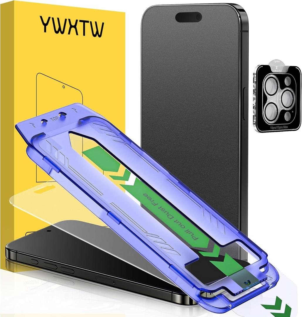 YWXTW 2 Pack Matte Screen Protector for iPhone 15 Pro Max 6.9 Inch + 1 Set Camera Lens Protector, Anti Glare Anti Fingerprint 15 Pro Max Glass Screen Protector, Bubble Free, Smooth as Silk