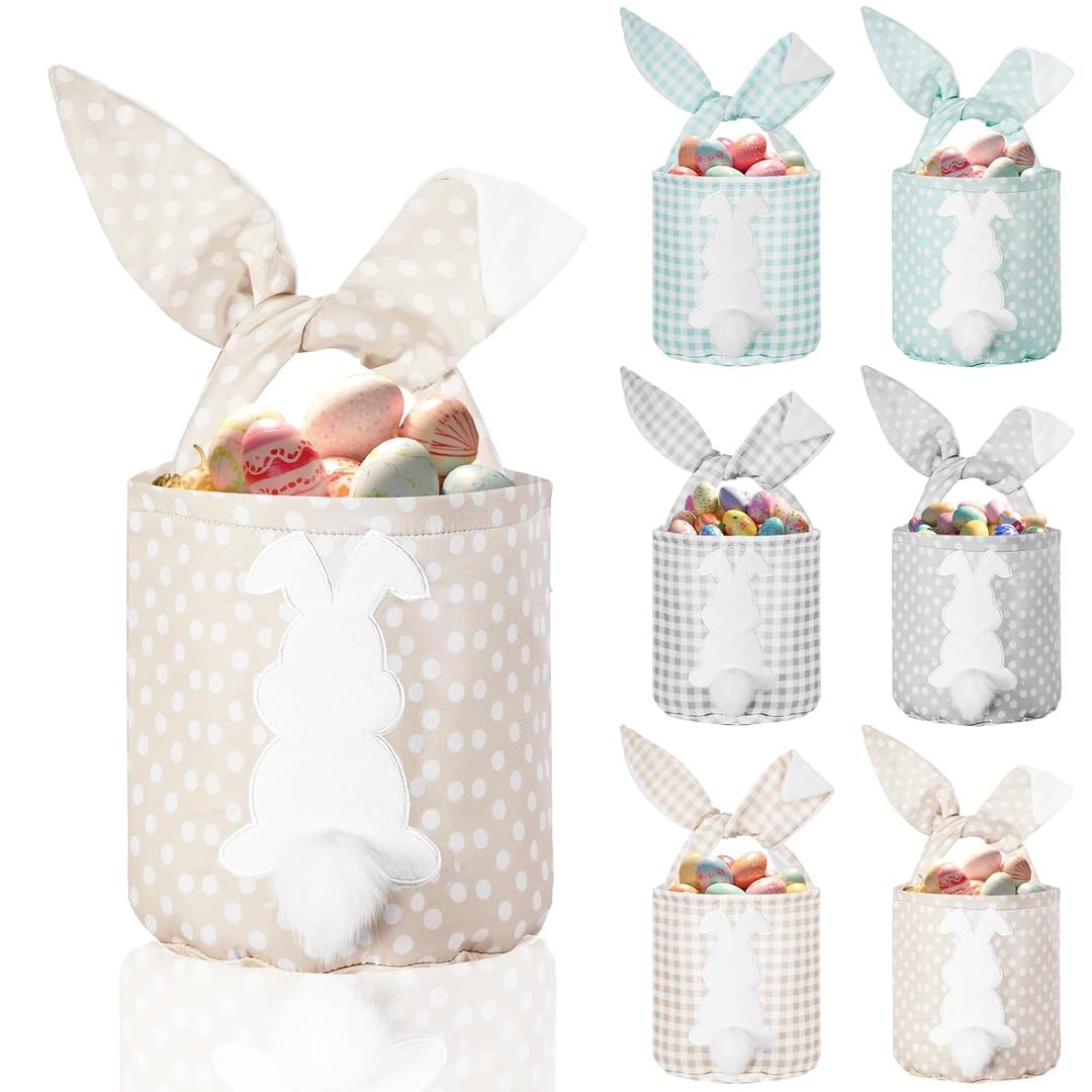 Cosblank 6 Pcs Bunny Canvas Bags Rabbit Print Basket with Foldable Ears Candy Goodie Bunny Tote Gift Bag for Birthday Party Decorations Supplies(Vivid Color,Plaid and Dot)