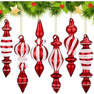 6 Pcs Red and White Glass Finial Christmas Ornaments Candy Cane Striped Glass Drop Hanging Ornaments Peppermint Christmas Tree Decorations for Holiday Xmas Tree Party Decorations