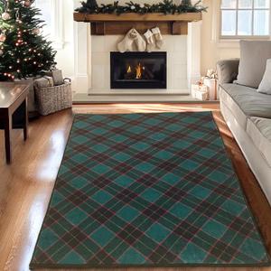 Christmas Area Rugs 4x6 Machine Washable High Traffic Xmas Door Mat Non-Slip Floor Carpet for Living Room Dining Room Bedroom Entryway & Hallway, Green Checkered