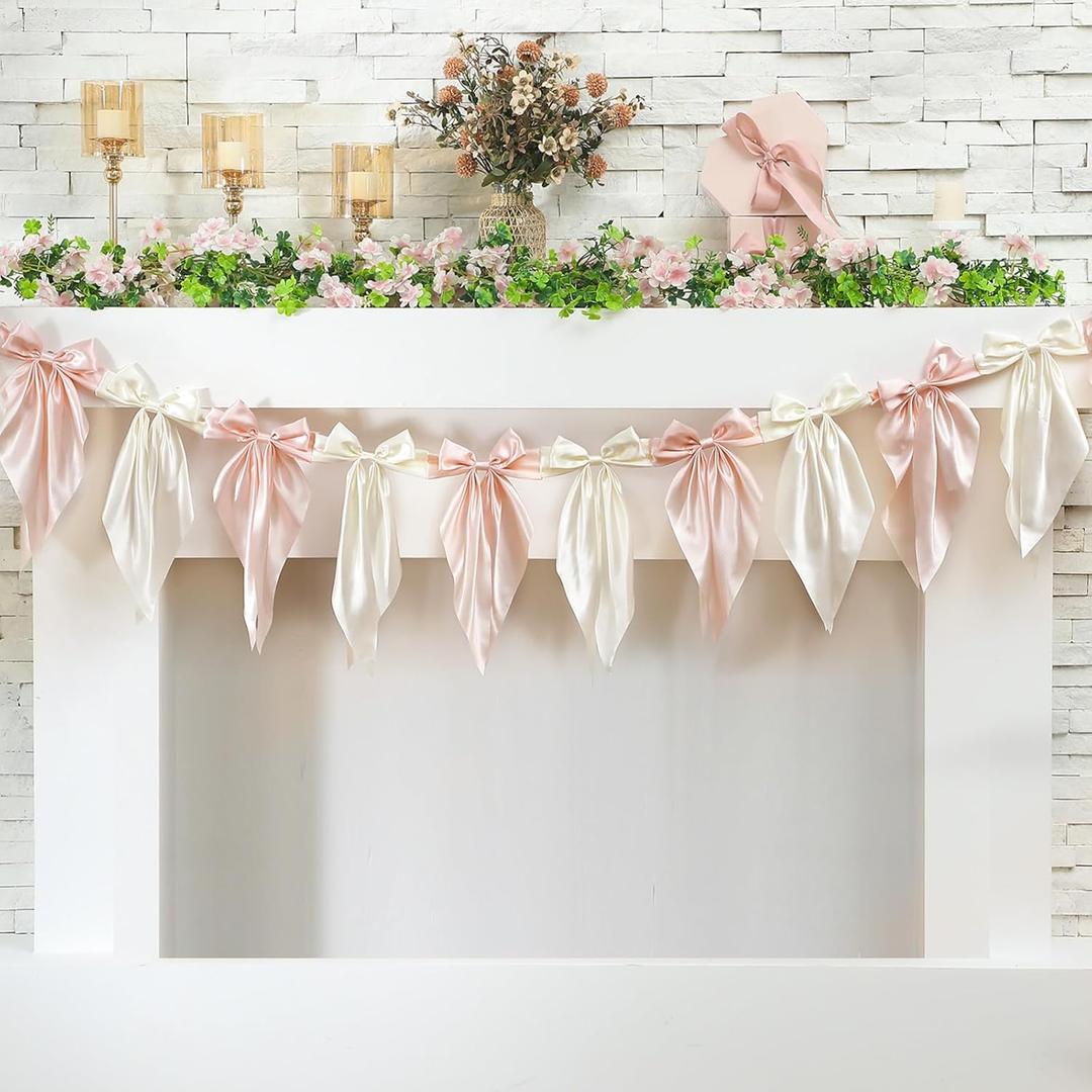 1 PCS White Pink Bow Garland Banner, Satin Ribbon Hanging Party Bow Garland Decoration for Birthday Baby Shower Wedding Party Supplies