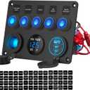12V 24V 5 Gang ON Off Rocker Switch Pre-Wired Aluminum Panel Waterproof with 78W Triple USB Ports Car Charger, LED Digital Voltmeter and Cigarette Lighter Socket for Car Boat Truck RV UTV, 15A Fuses